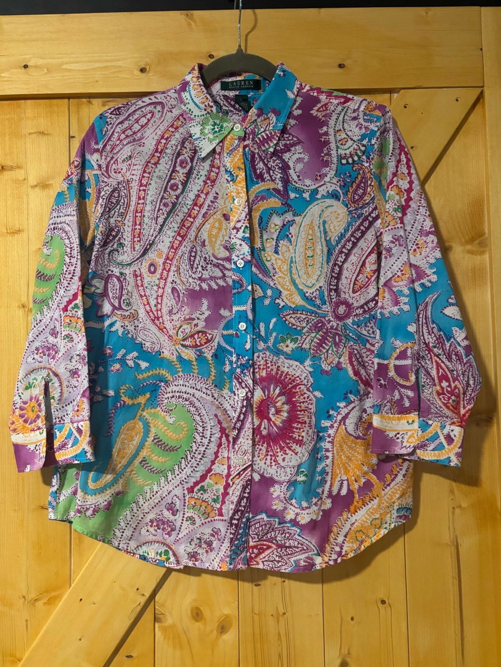 Lauren Ralph Lauren Cotton Paisley Button Down Shirt L 3/4 Sleeve Multi-Color